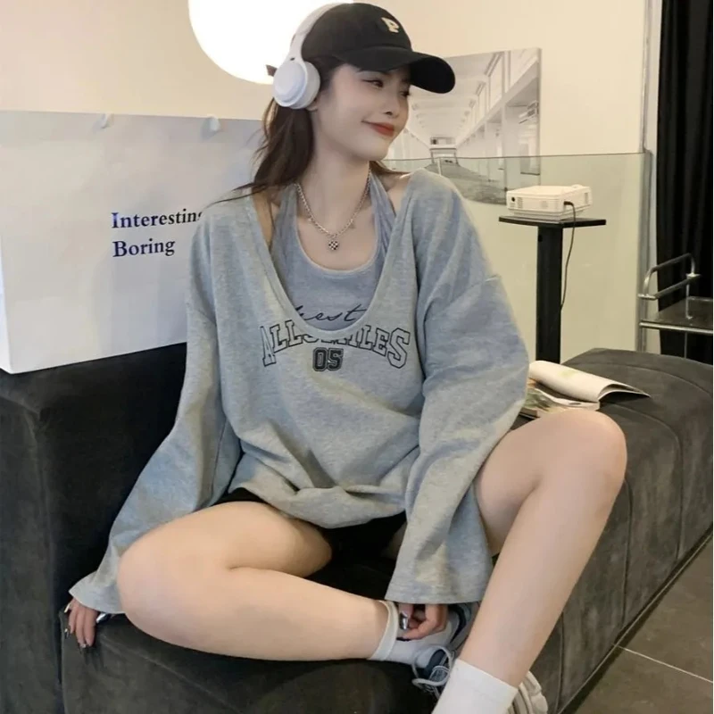 Y2K Two Pieces Set Oversized T-Shirts Women Spring Long Sleeve Halter Letter Print Sweatshirt Female Casual Loose Harajuku Tops