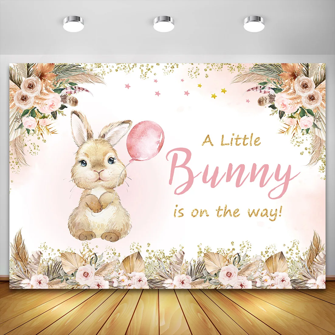 Custom Name Photography Background Floral Bunny Birthday Party Rabbit Balloons Decoration Bohemian Style Backdrop Photo Studio