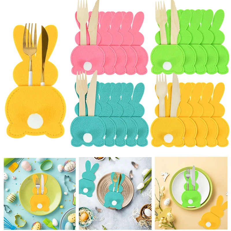 4Pcs Easter Bunny Knife Fork Pocket Bag Tableware Cover Non-woven Cutlery Holder Easter Decoration For Home Birthday Party Decor