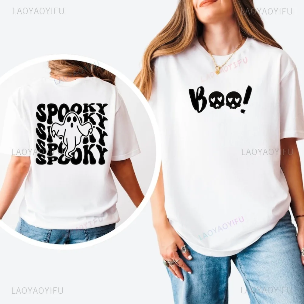 Double Sided Cute Boo Spooky Ghost Halloween TShirt Spooky Season Retro Graphic Printed Women Streetwear Hip Hop Man T-shirt