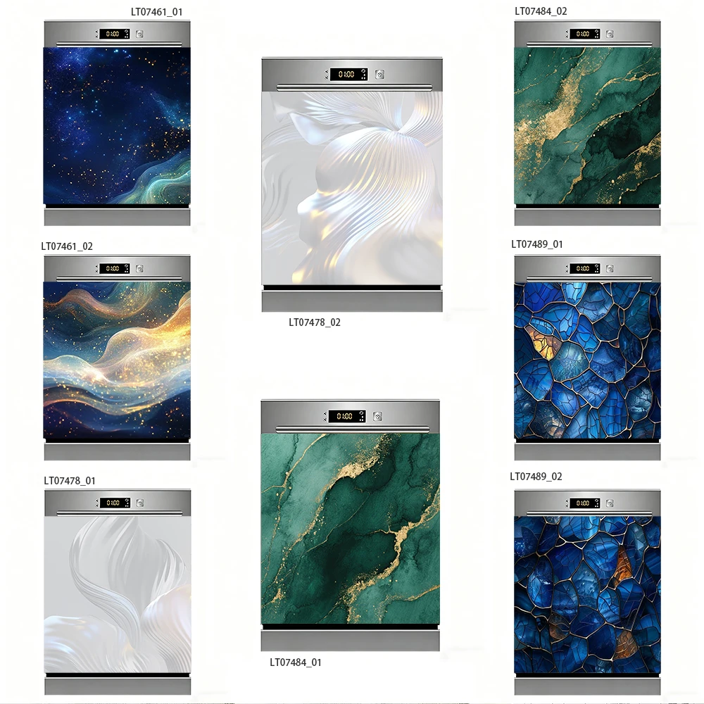 Luxury Marble & Silk Dishwasher Decal, Gold Vein & Stained Glass Art, Waterproof Kitchen Appliance Sticker