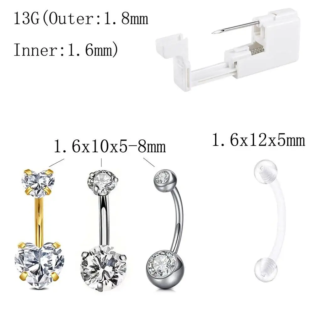 1/7Pcs Set Belly Button Piercing Kit Silvery Self Piercing Gun Surgical Steel Implant Belly Rings Floating at Home  Navel Rings