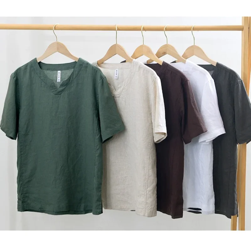 Summer New 100% Linen Short Sleeve T Shirt for Men Casual Thin Solid Color Slim Men Clothing BL998