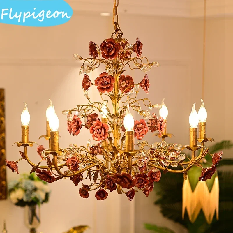 French Garden pink crystal Chandelier lamps Vintage ceramic Flower red Rose Clothing Store Restaurant LED Candle Ktchen lighting