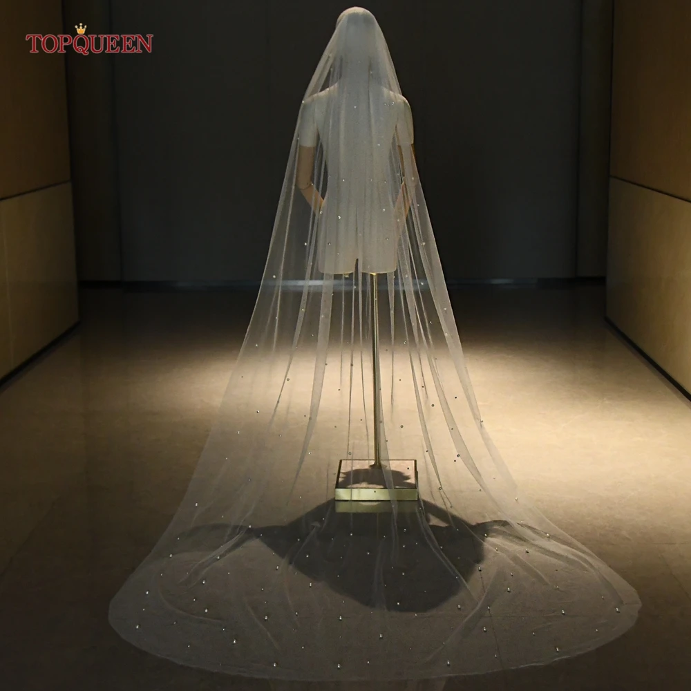 

Свадебная фата TOPQUEEN V109, длинная, в стиле соборной фаты, с жемчугом и стразами, на заказ, в различных размерах