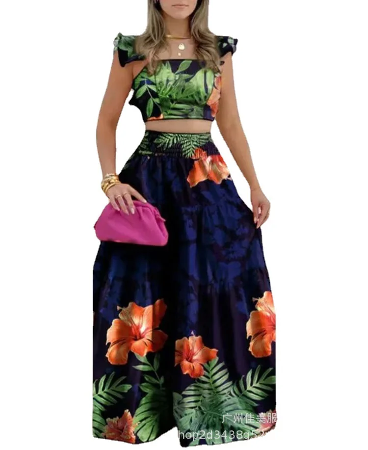 Positioning Printed Skirt Set Spring Summer New Fashion Women's Clothing A-word Long Style And Ankle Temperament Sexy High Waist