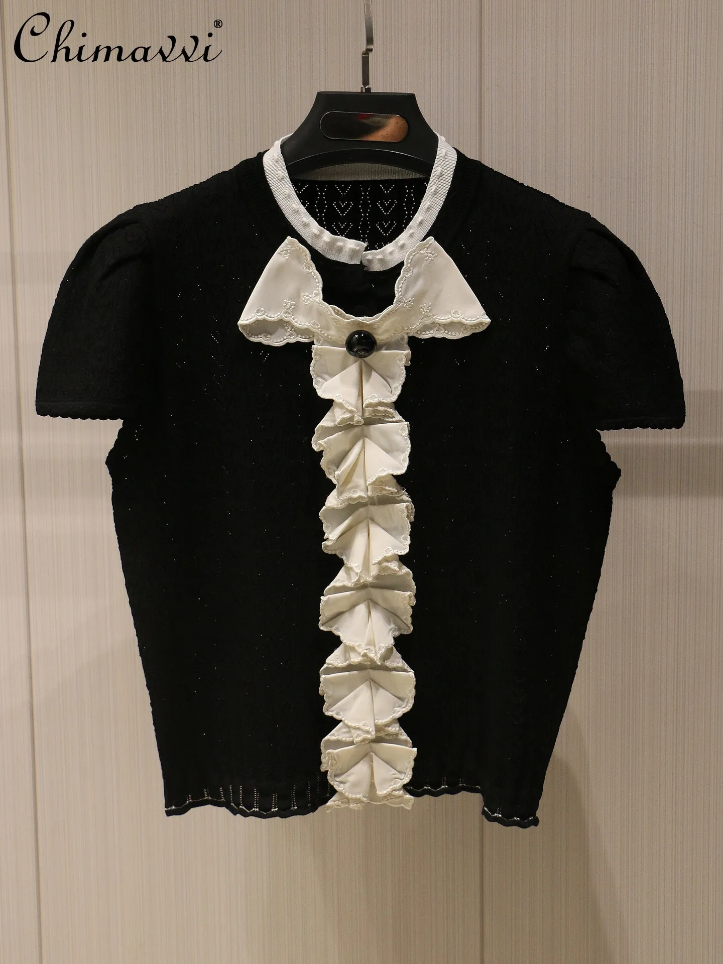 

2026 Spring and Summer New French Style Bow Ruffle Knit Top Women's Fashion Short Sleeve Slim Fit Crew Neck Elegant Tops