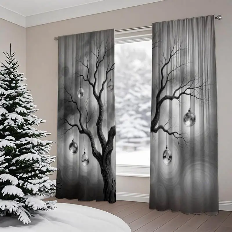 Monochrome abstract tree curtain drapes gothic modern window panels bedroom living room home decor curtain set