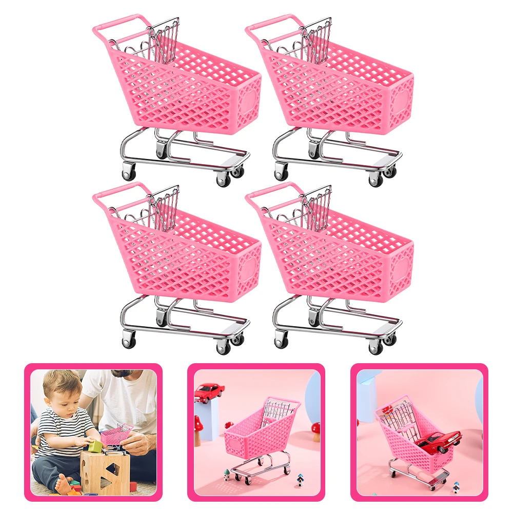 

4Pcs Pink Miniature Small Supermarket Cart Shopping Trolley Desk Storage Pen Candy Organizer Small Shopping Cart