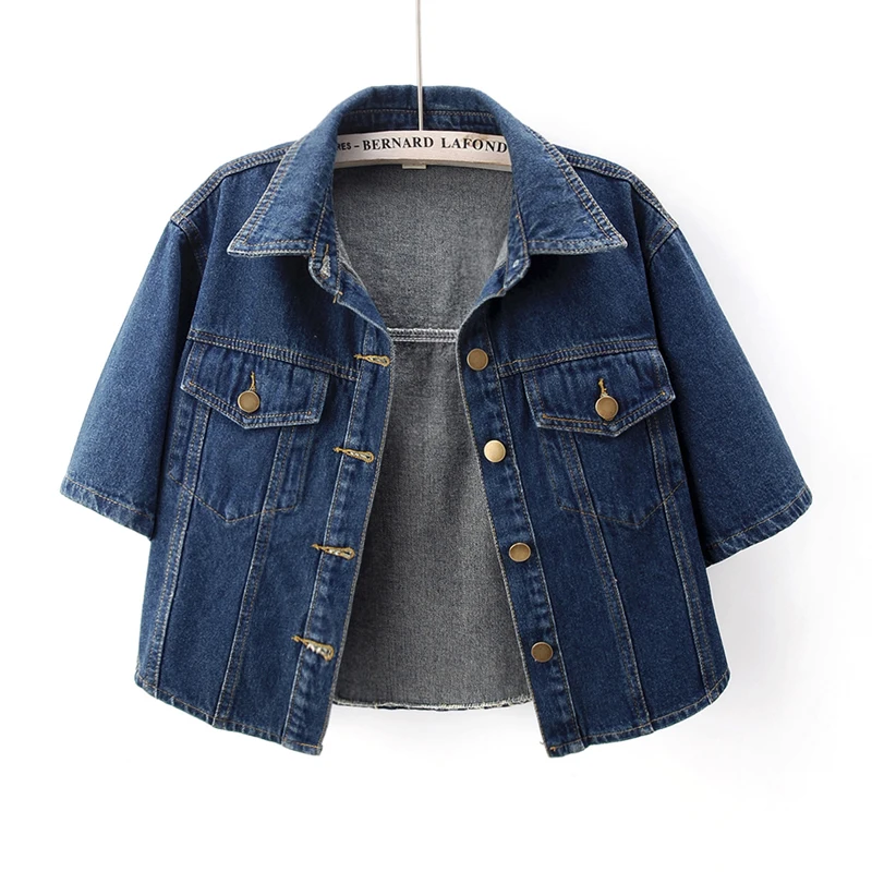 Vintage Blue Denim Jacket Women Spring Summer Thin Slim Short Cowboy Outerwear Korean Pocket Short Sleeve Jeans Jacket Female