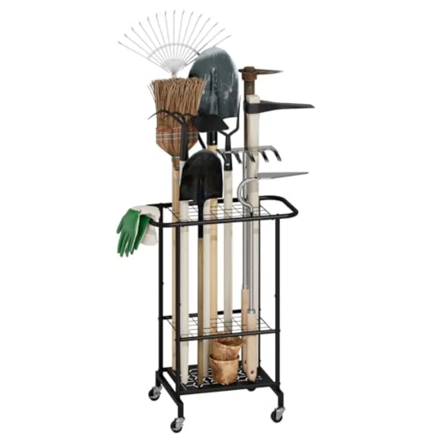 

Трехуровневый органайзер для садовых инструментов на колесах, передвижная тележка для хранения в гараже, сверхпрочная металлическая тележка на колесах для двора