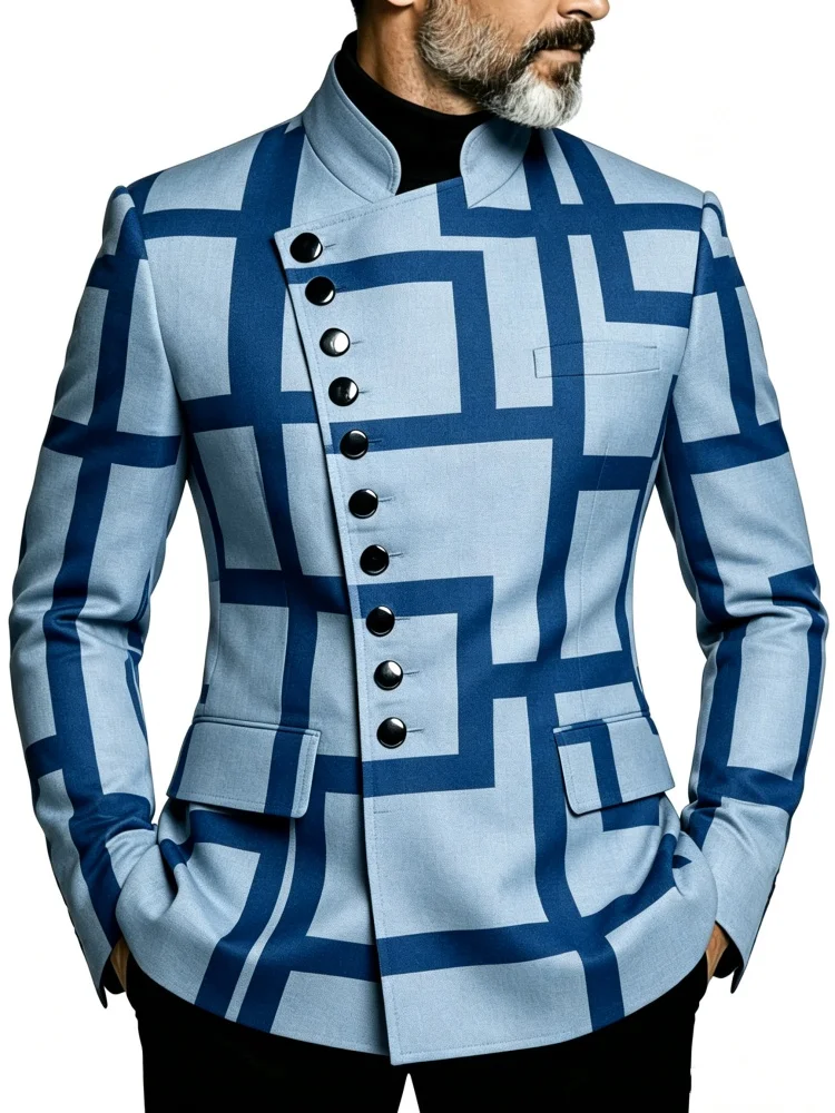 Mens Stand Collar Diagonal Buttons Geometric Square Print Slim Fit Blazer Men Modern Office Daily Business Fashion Outerwear