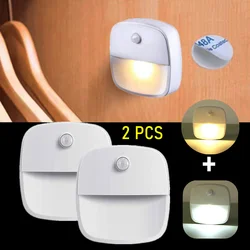 2Pcs Motion Sensor LED Night Light PIR Batteries Energy Saving Bedroom Lamp Automatic Wall Mounted Induction Lighting Lamps