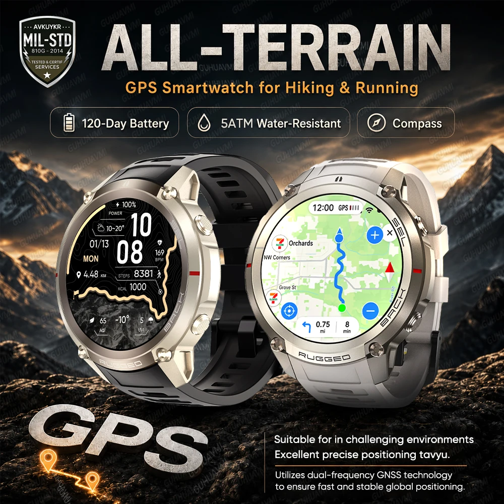 2026 GUHUAVMI Nouvelle Montre Intelligente de Triathlon en Plein Air avec GPS et Carte Hors-Ligne, Positionnement 6 Étoiles, Étanche 5ATM, Boussole, Altimètre, 170+ Sports, Montre Intelligente Militaire pour Hommes