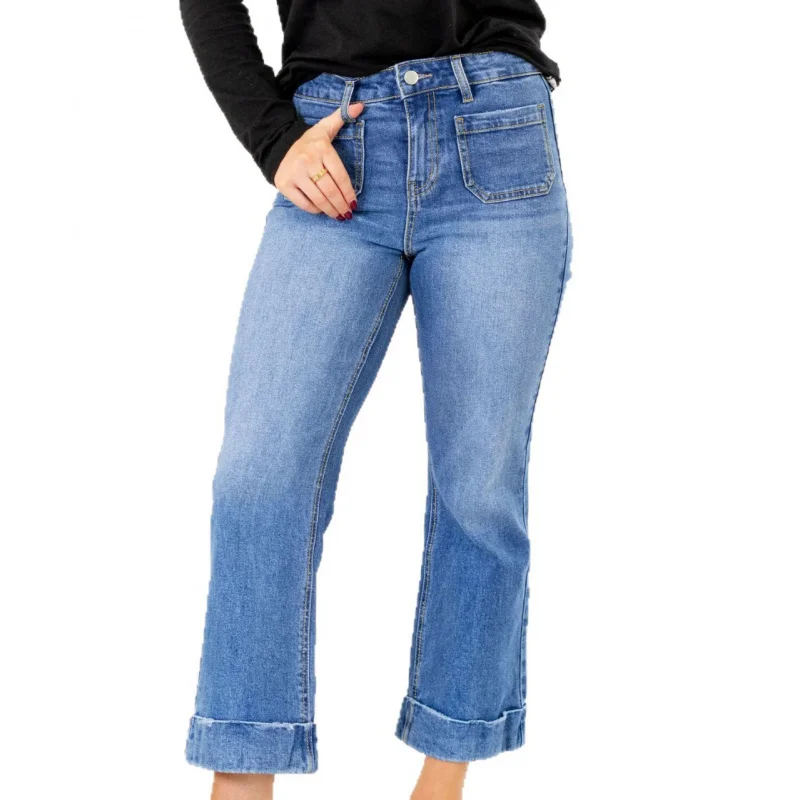 New Women's Fashion Rolled Hem Flared Cropped Jeans Washed Stretch Pants