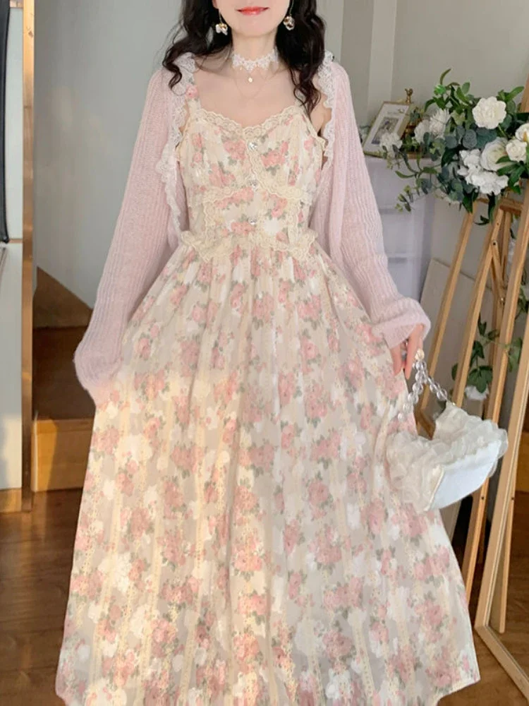 

Chiffon Lace Strap Dress Women Floral Embroidery Fairy Vintage Long Dress Female Sweet Princess Casual Party Dresses 2024 Summer