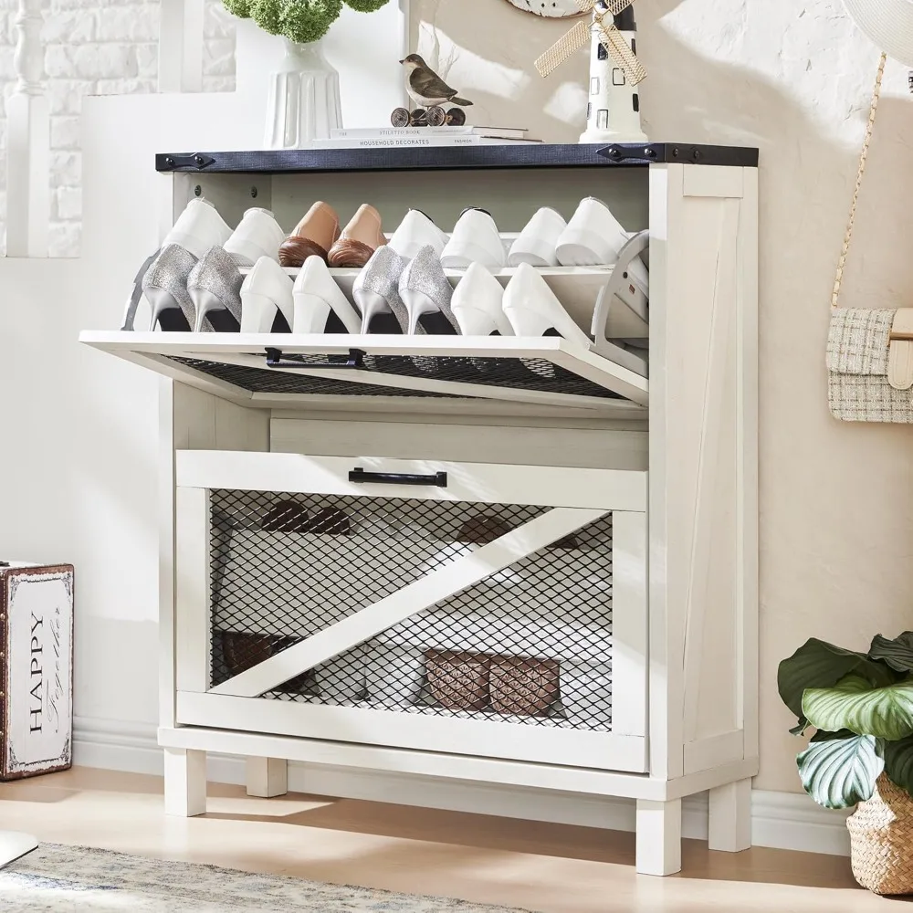 

Shoe Cabinet with 2 Flip Drawers, Farmhouse Shoe Storage Cabinet with Mesh Doors and Adjustable Shelves, Rustic Wooden Shoe