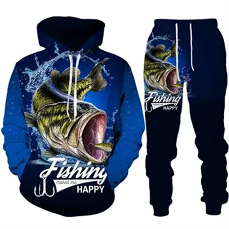 Neue Vintage Tier Fisch Hoodie Set Männer Trainings anzug 3d gedruckt lässig Sweatshirt Hosen Set bequeme Streetwear Overs ize Kleidung