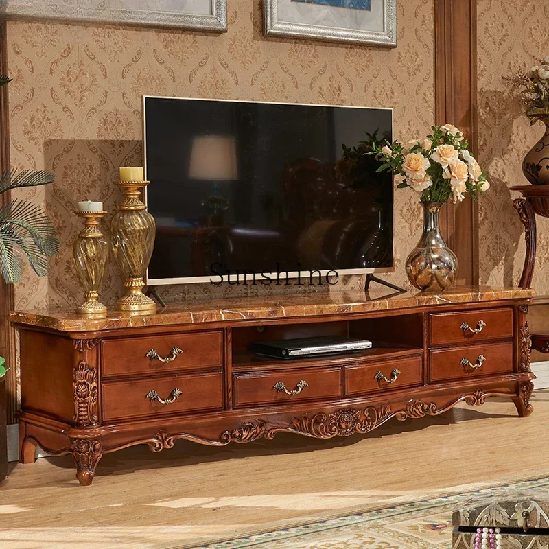 

American living room solid wood carving flower TV cabinet marble classical TV cabinet