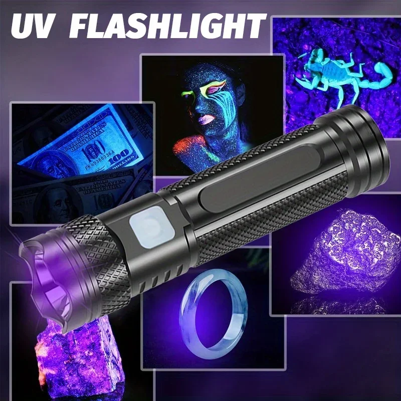 UV Flashlight Black Light USB Rechargeable 365nm Blacklight Mini Wood's Lamp Handheld Powerful LED Ultraviolet Lights Flashlight