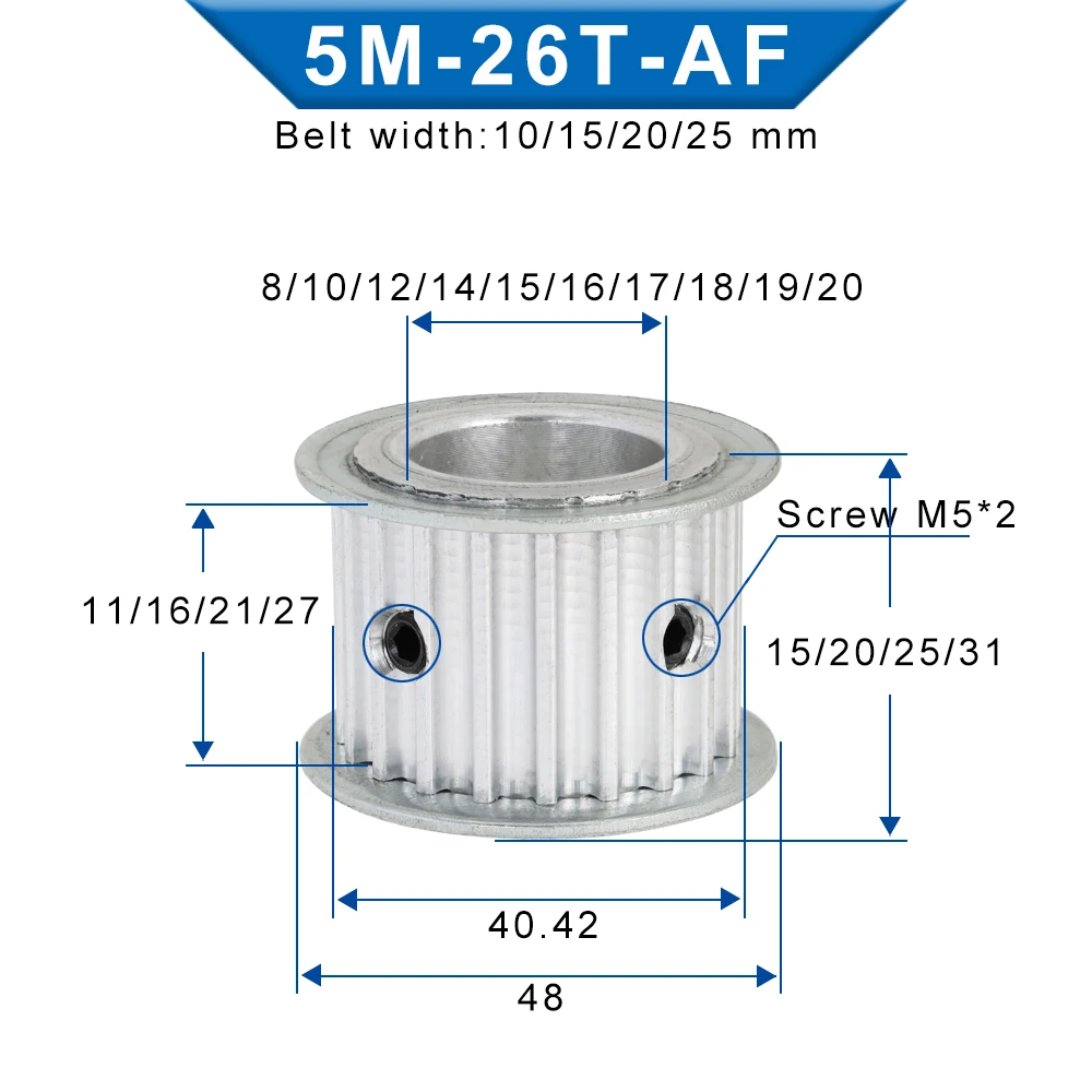 26T 5M Timing Pulley Circular Arc Tooth AF Shape Bore 8-20mm Electric Motor Alloy Pulley Wheel 26Teeth 10/15/20/25mm Belt Width