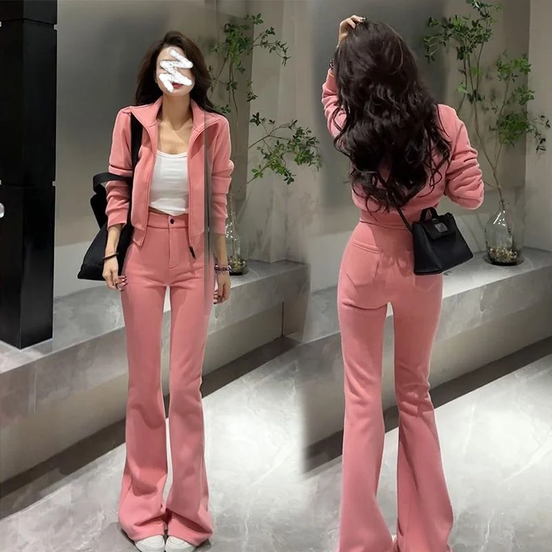 

Casual Fashion Fleece Set Women's Short Sweatshirt Jacket Slimming Micro Flared Pants Two Piece Set Autumn New Style Versatile