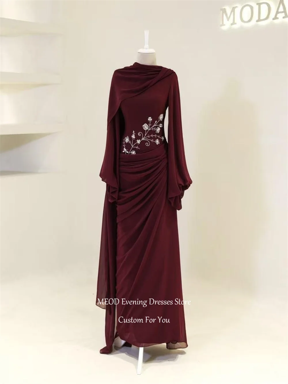 MEOD Sky Bule High Neck Muslim Evening Gown Long Sleeve Dubai Abendkleid Flower Chiffon A line فساتين سهرة Customized image 4