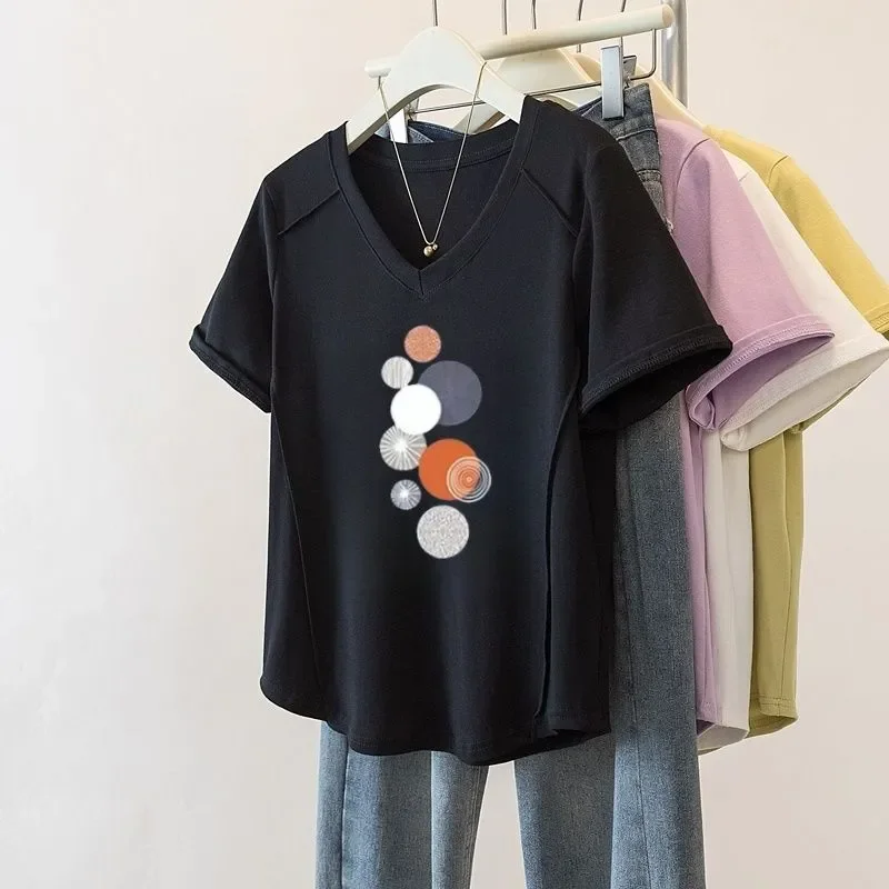 Plus Size Women V Neck Cotton T Shirt Colorful Circle Print Loose Hide Belly Short Sleeve Casual Top For Middle Age Ladies