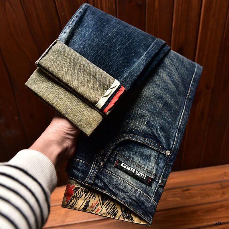 

High end handsome retro nostalgic jeans men's autumn straight tube slim fit trendy brand casual elastic printed long pants