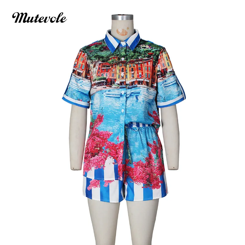 Mutevole الصيف عطلة الشاطئ ملابس النساء قطعتين مجموعات زر القمصان الرباط السراويل