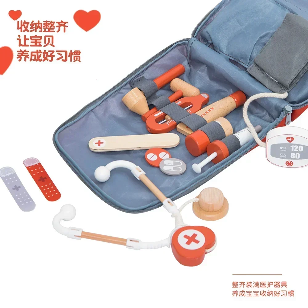 Kinder Holz Pretend Play Kit Spiele für Mädchen Jungen Rot Medizinische Zahnarzt Medizin Box Stoff Taschen Geschenke Arzt Spielzeug für Kinder Set