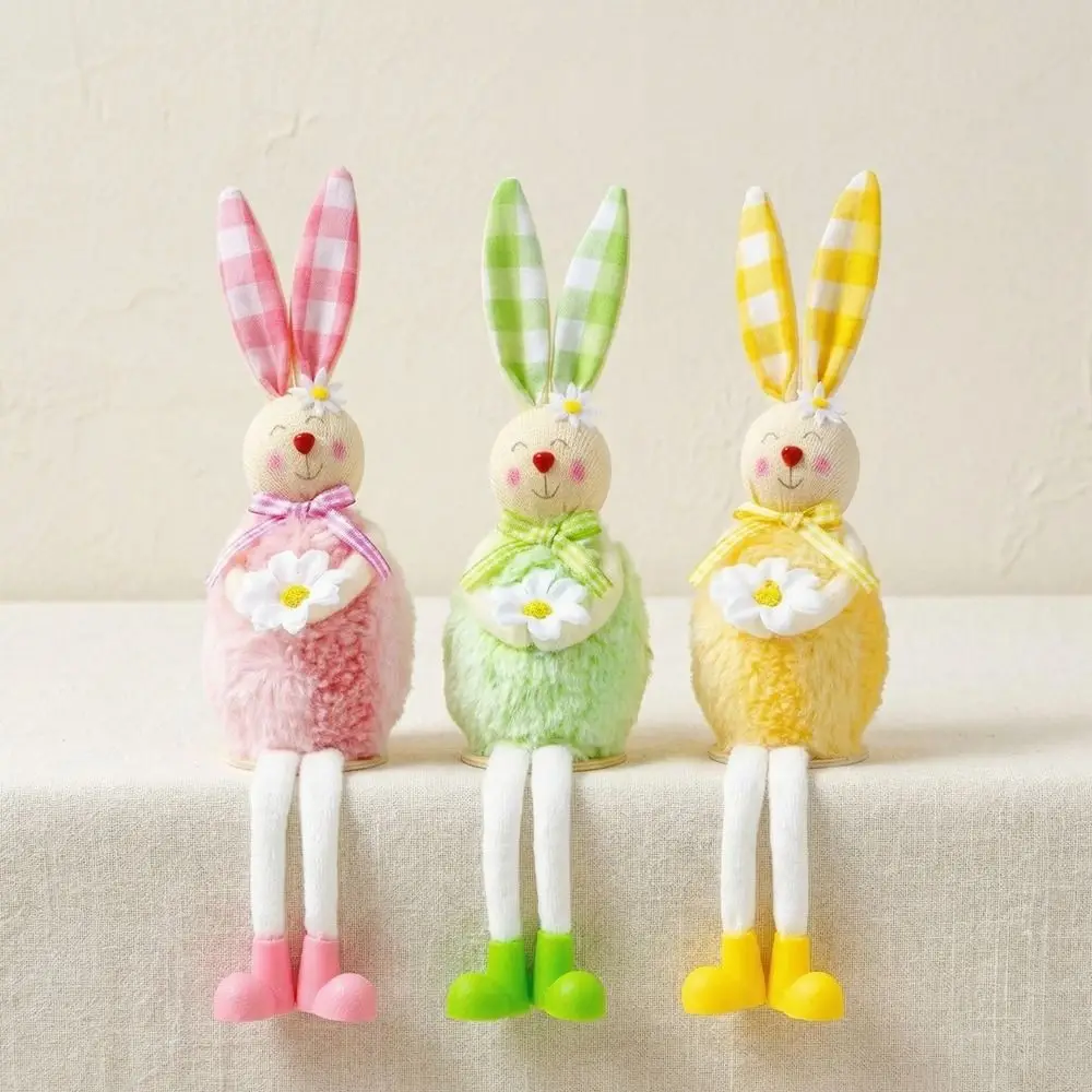 Cute Cartoon Easter Bunny Doll Long Leg Soft Plush Holding Flower Bunny Decorative Bunny Figures Easter Gift