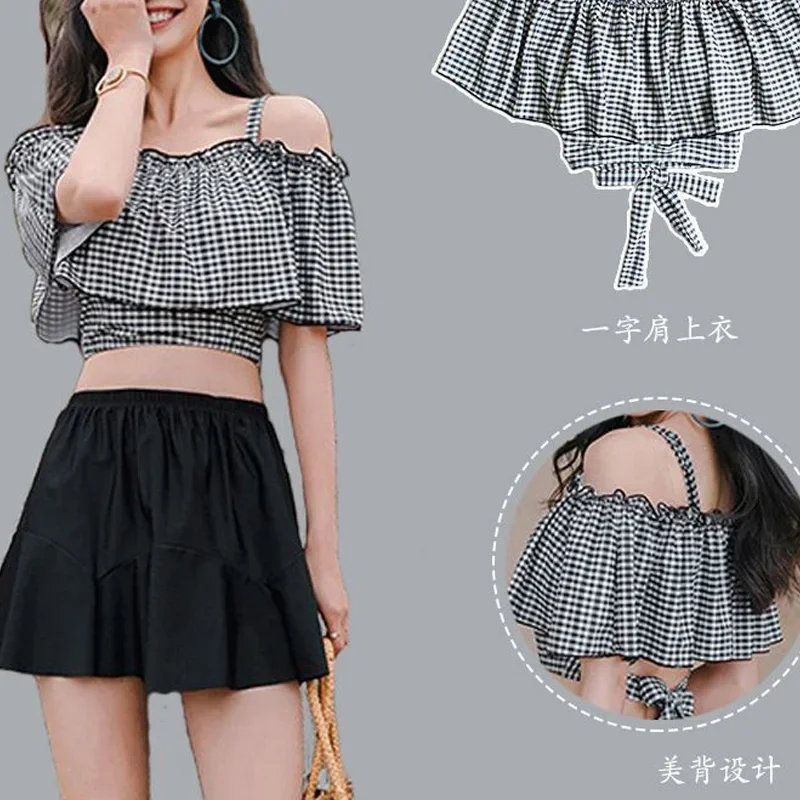 2024 New Summer Fashion Checker Off Shoulder Strap with Ruffle Edge High Waist Sexy Back Strap Two Piece Skirt Swimwear