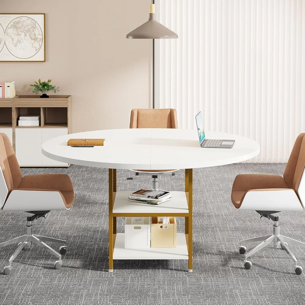 طاولة مؤتمرات مستديرة مقاس 47 بوصة تتسع لـ 4-6 أشخاص، طاولة غرفة اجتماعات خشبية مع رف تخزين وأرجل معدنية، مكتب حديث #3