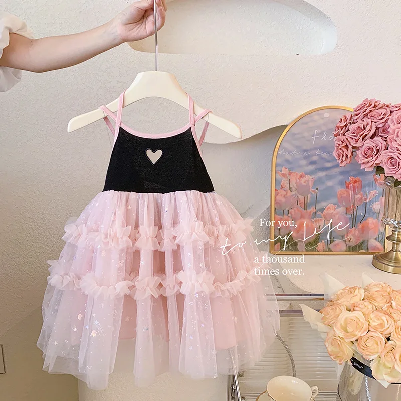 Girls Casual Dresses Love Hollow Halter Patchwork Gauze Skirt Party Dress for Kids Girl 2 To 6 Years Princess Dress for Girls