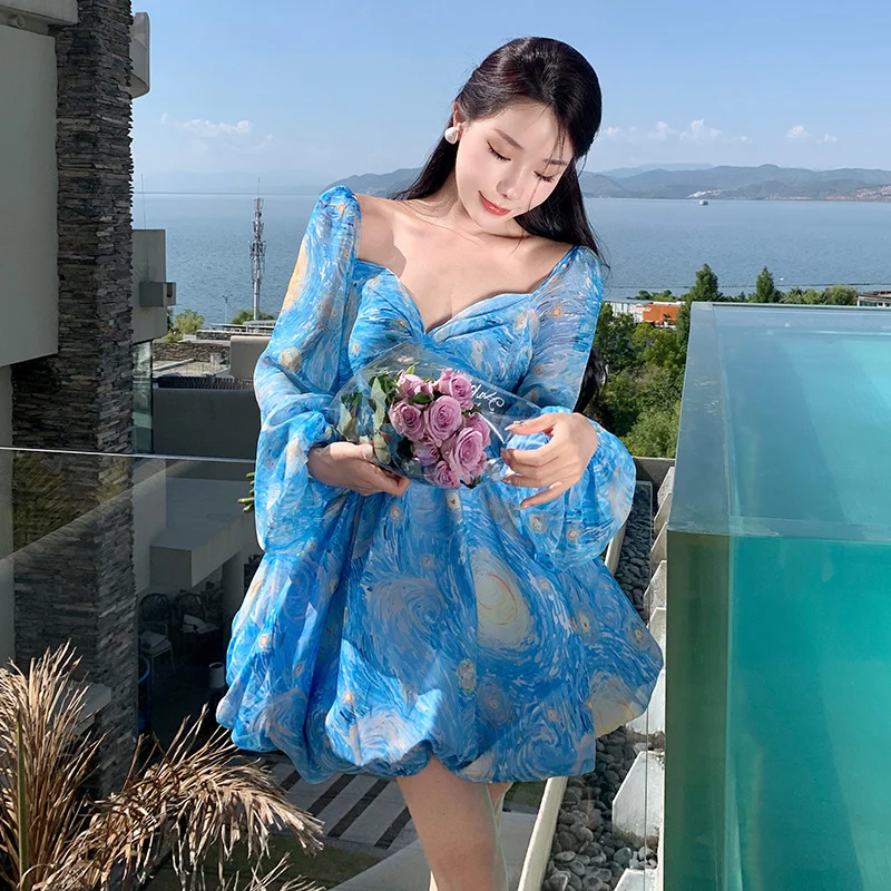 open lace back dress Van Gogh Starry Night dreamy long dress – Galartsy main image 1