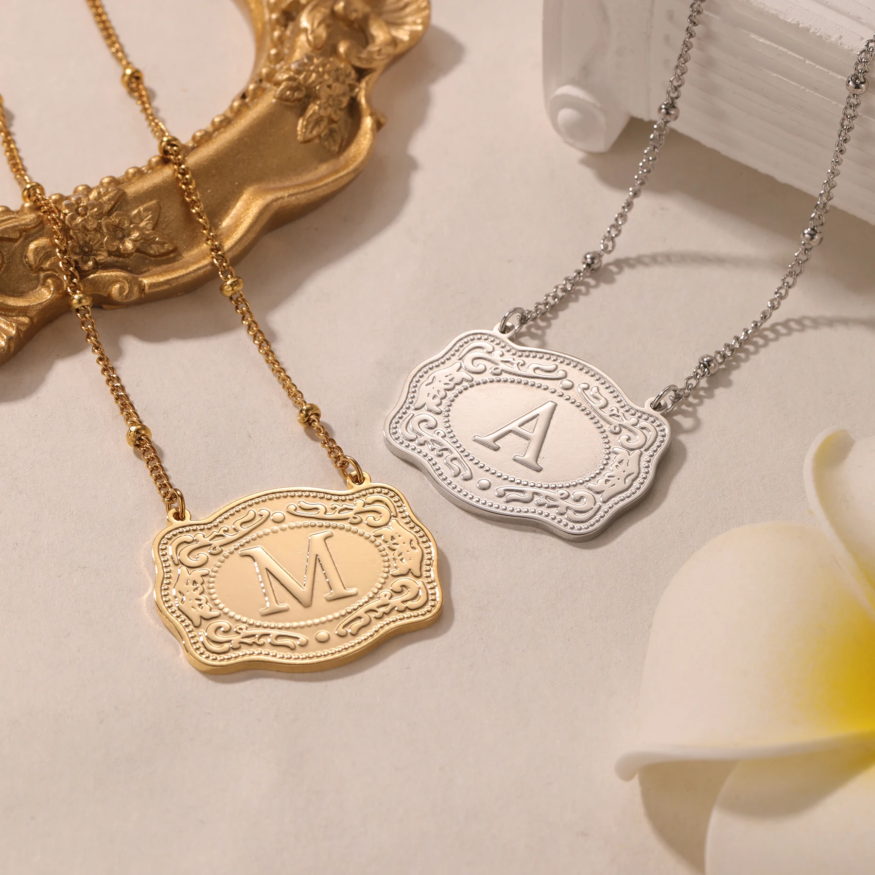 Qitian Initial Letter Necklaces 18kGold Plated Mini Embossed Necklaces Personalized Pendant For Women Western Charm Gift Jewelry