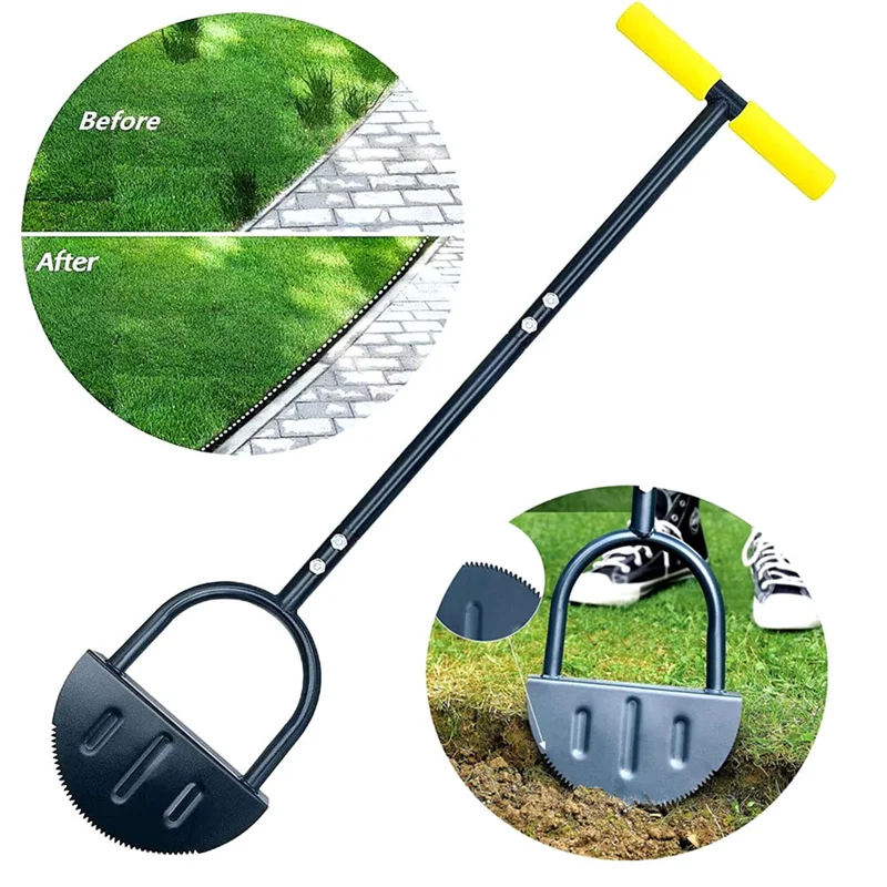 Saw-Tooth Edger Lawn Tool, Half Moon Lawn Edger With T-Grip, Sidewalk Grass Long Handled Step Edger, 38Inch Black Yellow Durable