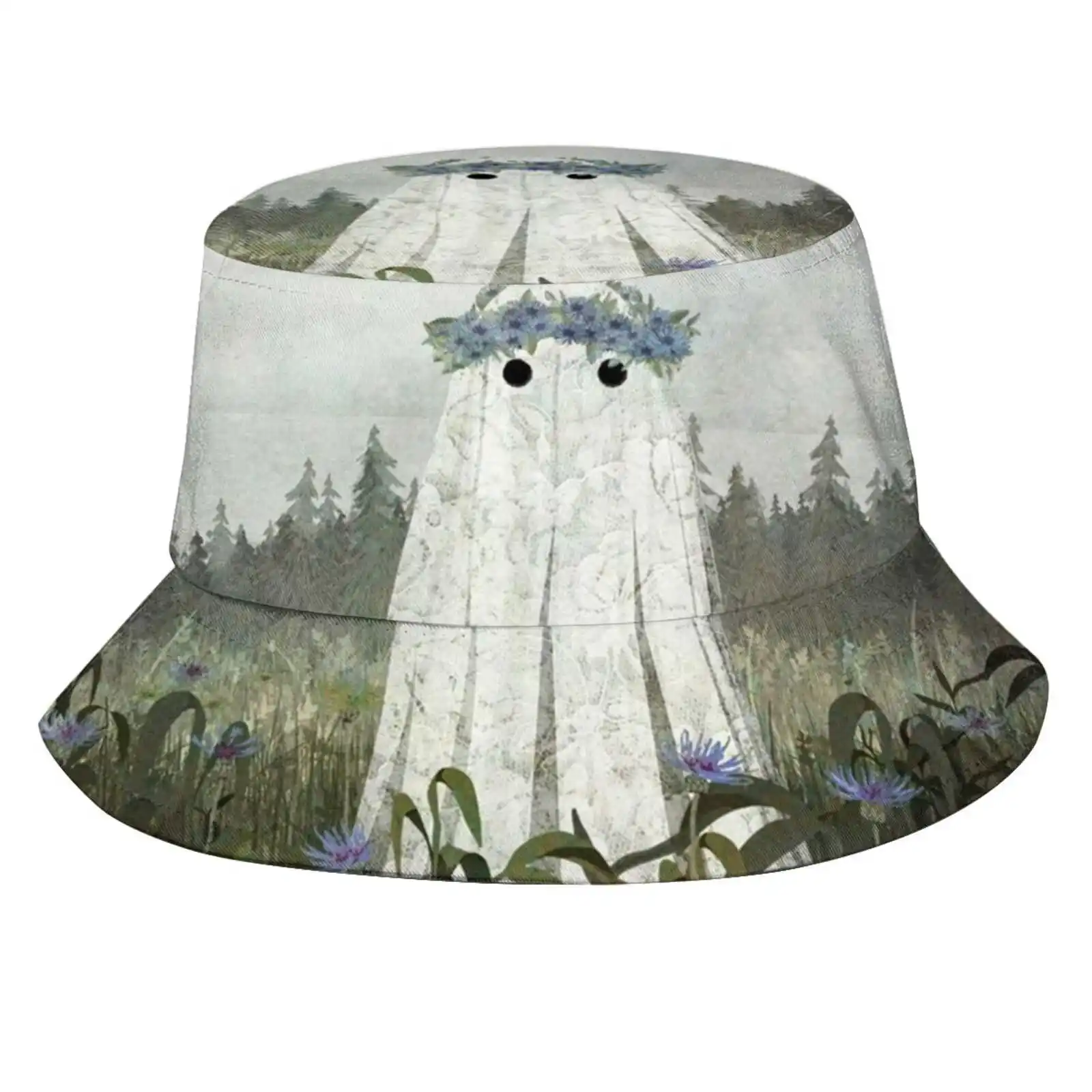 Cornflower Ghost Sun Cap Fisherman Hat Bucket Hats Ghost Spooky Creepy Cute Haunted Blue Mist Meadow Flowers Flower Crown