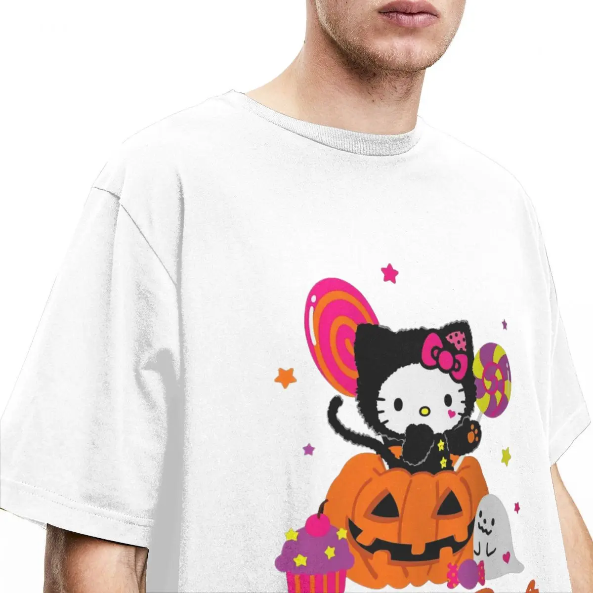 Oversized T-Shirt Hello Kitty Cartoon Cat Cotton T-Shirts Halloween Pumpkin Bat Tee Shirt for Couple Short Sleeve Clothing image 3