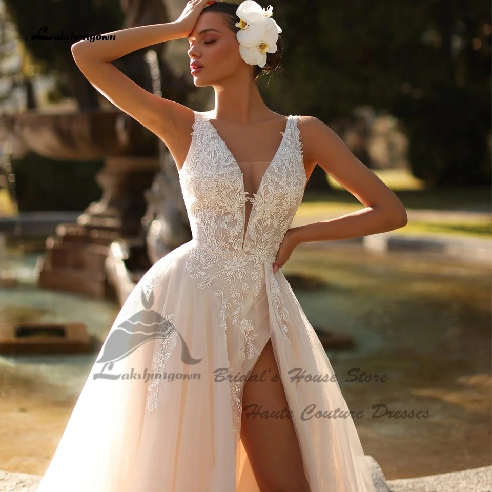 Lakshmigown Vintage Champagner Strand-Hochzeitskleid V-Ausschnitt Rückenfrei 2026 Sexy Boho Tüll Brautkleider mit Hohem Schlitz Maßanfertigung – Detail 3