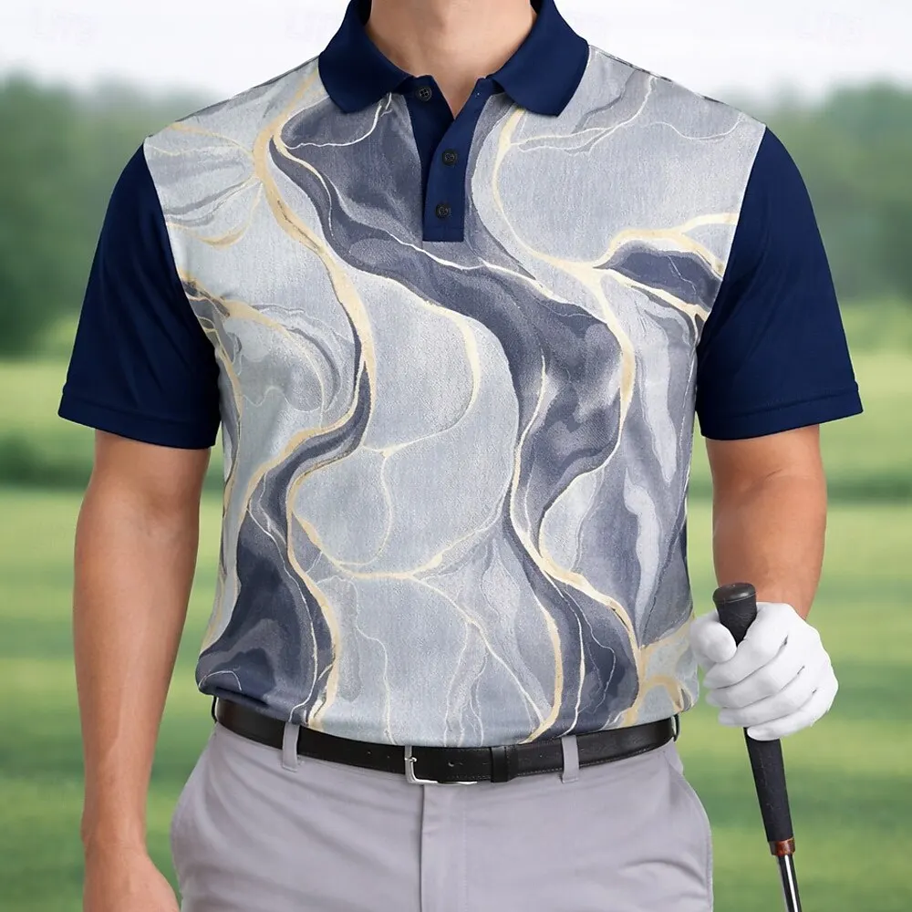 Men's Marble 3D Print Sports Polo Shirts Short Sleeve Collared Button Casual Athleisure Daily Wear for Spring & Summer