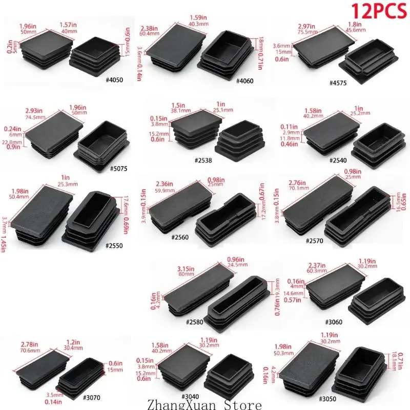 12Pcs Plastic Plugs Pipe Tube Cap Black Plastic Rectangle Blanking End Caps 3XUF