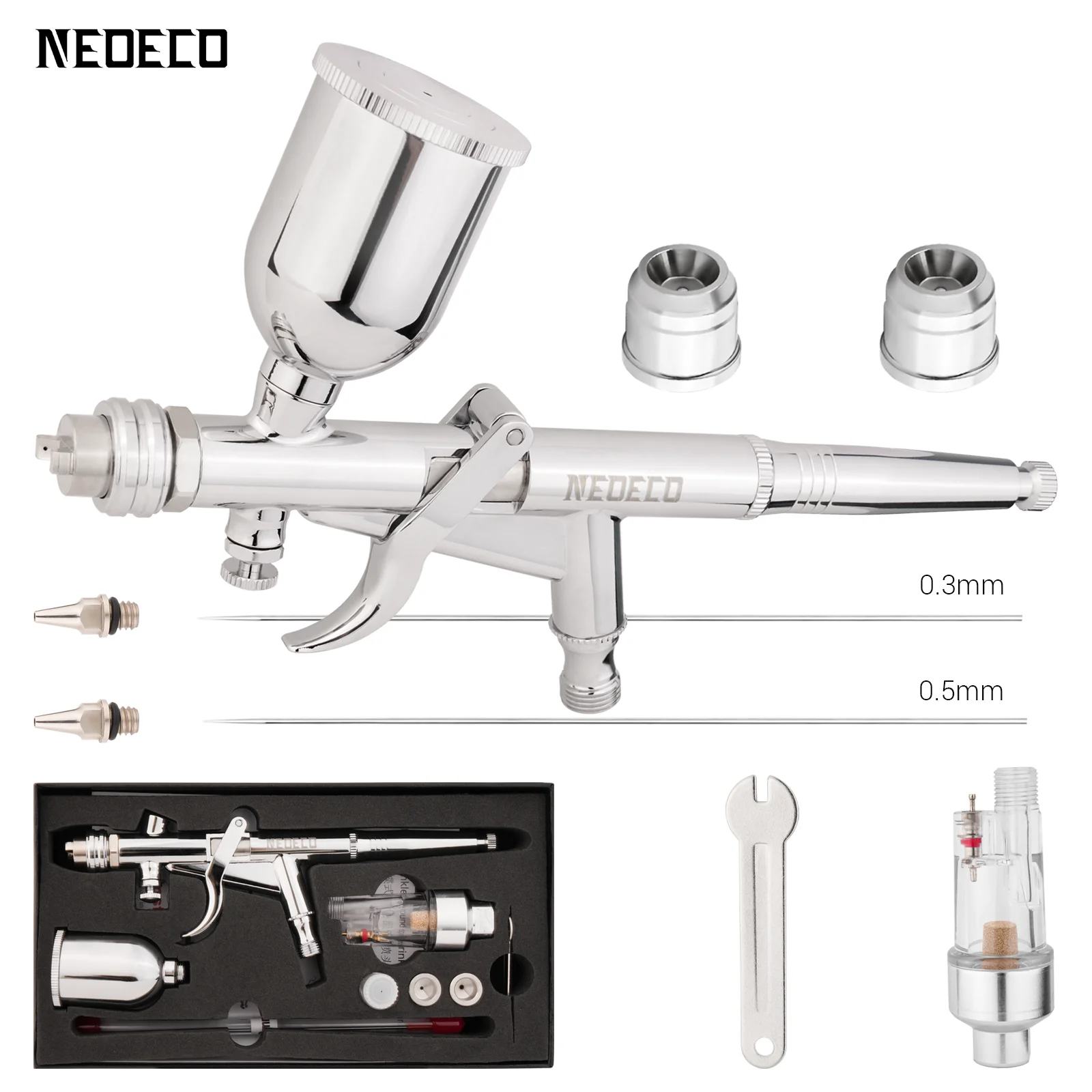 Pistolengriff-Airbrush-Set, 0,3 mm/0,5 mm, mit Lüfterkappe, 15 CC Flüssigkeiten, Tassen, Effizienz für Automodell, DIY, Malerei, Make-up, Nagelkunst, Kuchen – Detail 1