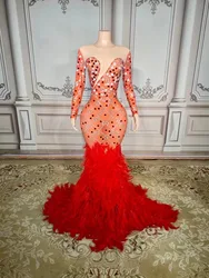 Red Color Feathers Ladies Long Sleeve Beading Trumpet Floor-Length Dress Bodycon Evening Party Dress Singer Show Stage Costume