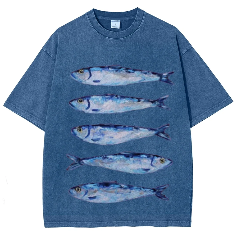 Interesting sardine pattern T-shirt retro water wash vintage short sleeve men's and women's loose street style fashion top