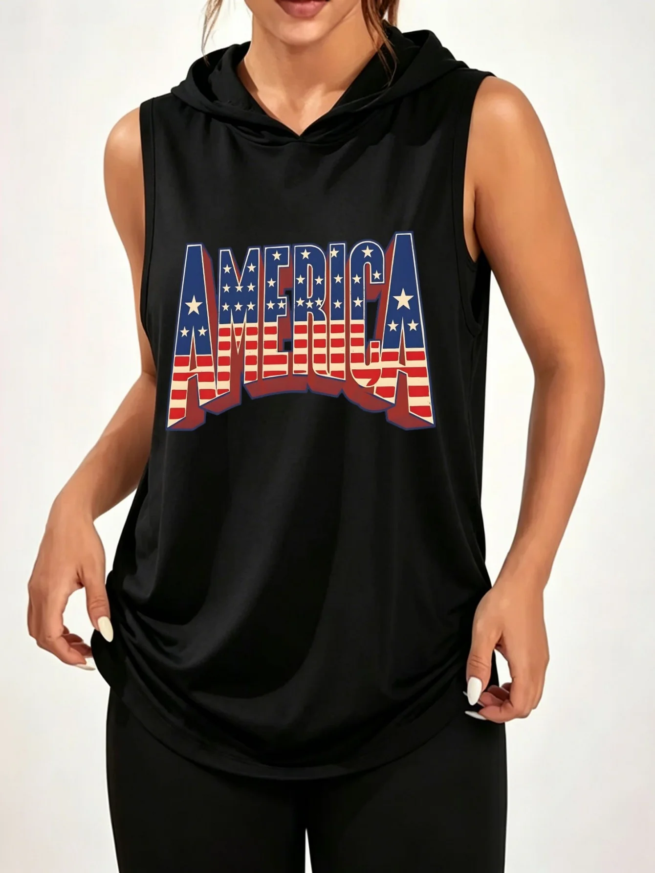 Unisex America USA Flag Letter Print Sleeveless Hooded Tank Top Retro Patriotic Casual Streetwear Hood Vest