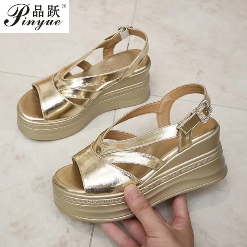 7.5cm women Patent Synthetic Microfiber Leather Chunky Sneakers Slippers Platform Wedge Sandals Slipper Flats Women Shoes 34-40