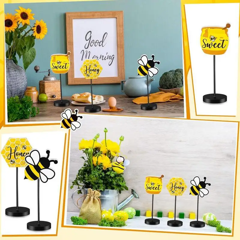 Деревянная вывеска в виде пчелы, 3 шт., соты, настольный деревянный декор, настольный домашний декор, деревенский деревянный фестиваль пчел, стоячие блоки, украшения
