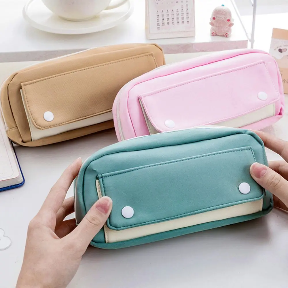 

Kawaii Large Capacity Student Pencil Case INS Flip Style Simple Pencil Pouch Morandi Color Press Button Gel Pen Organizer Kids